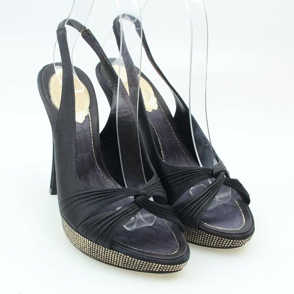 Rene Caovilla Black Satin Crystal Jewel Heels - Picture 5 of 12